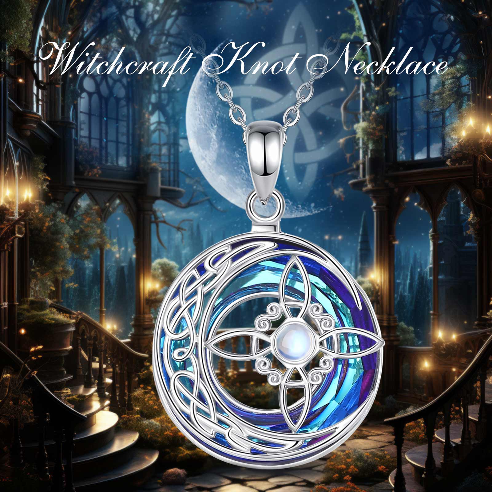 Eudora 925 Sterling Silver Witch Knot Necklace Austrian Crystal Moonstone Knot Amulet Necklaces Witchcraft Jewelry for Men Women