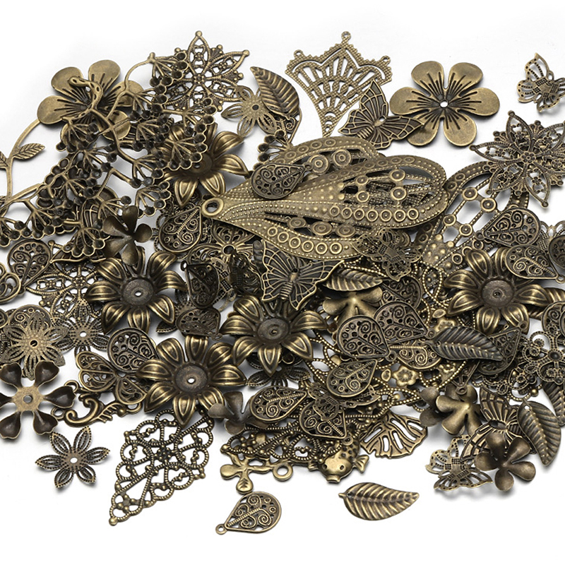 50g/lot Mixed Metal Flower Leaves Filigree Wraps Connectors Pendant Gold Beads Caps Charms for DIY Jewelry Making Craft Supplies