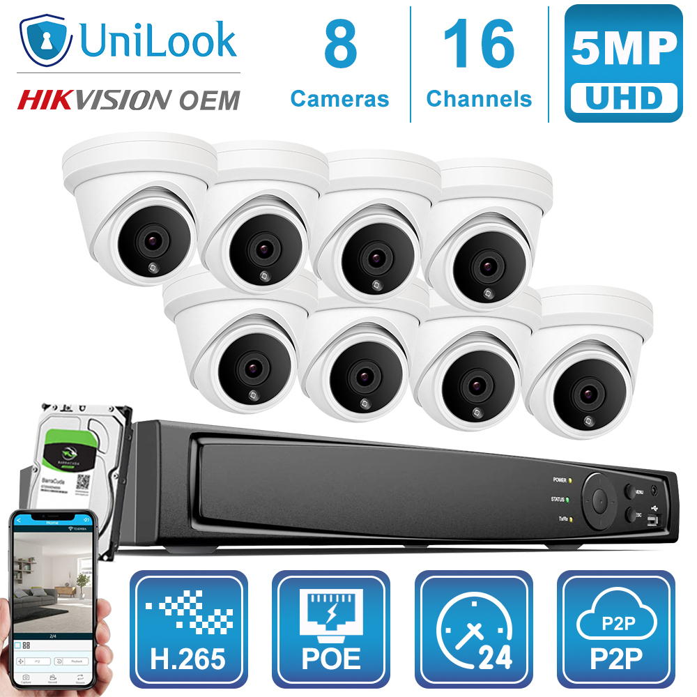 UniLook 16CH NVR 5MP Turret POE IP Camera 8/10/12/16PCS Outdoor Security OEM H.265 CCTV system NVR Kit With HDD P2P