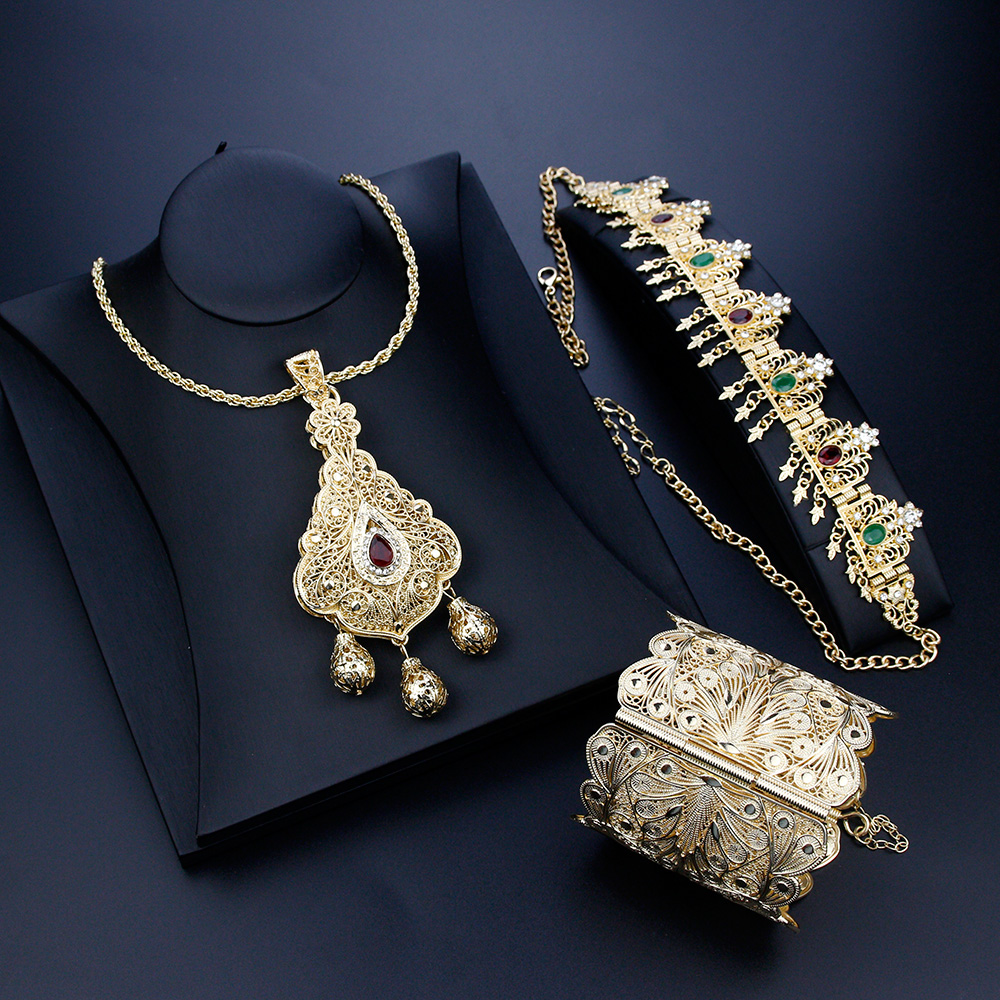Sunspicems Gold Color Algeria Women Bride Wedding Jewelry Sets Bangle Necklace Headchain Traditional African Festival Bijoux