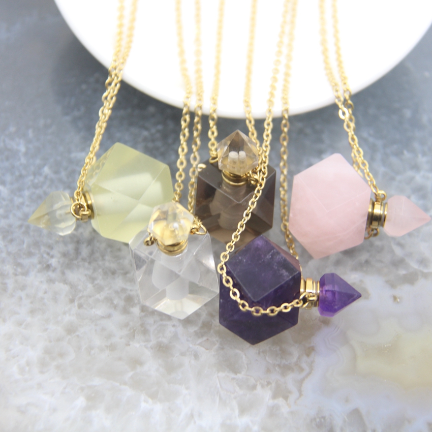 New! Faceted Nugget Perfume Bottle Pendant Necklaces,Natural Crystal Quartz Essential Oil Diffuser Vial Charms Women Jewelry