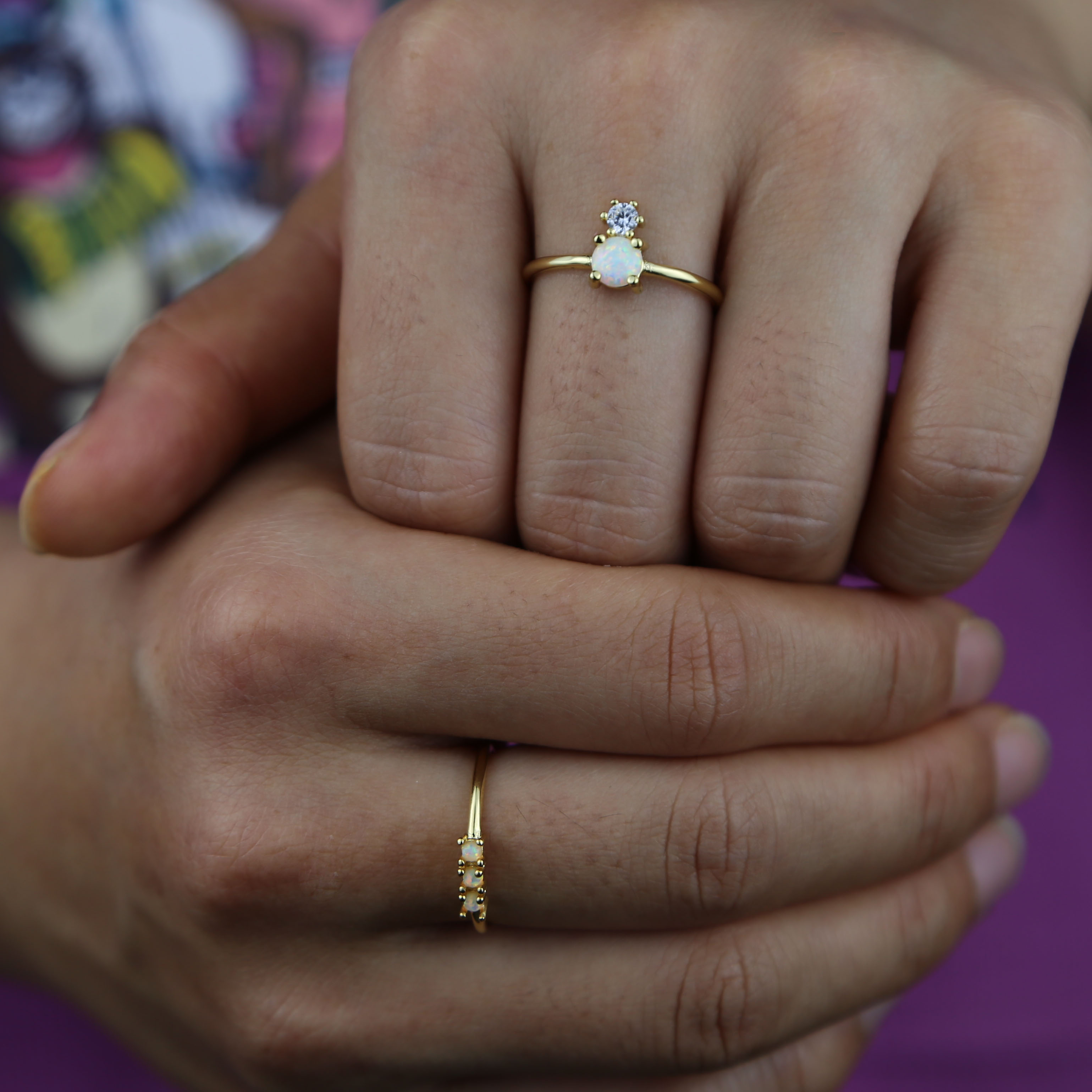 US size 6 7 8 9 10 Gold color prong set white fire opal simple three stone ring for women