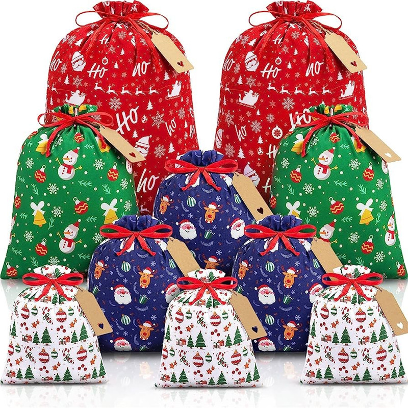 6Pcs/Lot Christmas Gift Bag 51*41cm*3Pcs+ 41*32cm*3Pcs Snowflake Stocking Cotton&Linen Green Tree Drawstring Bag Printed Socks