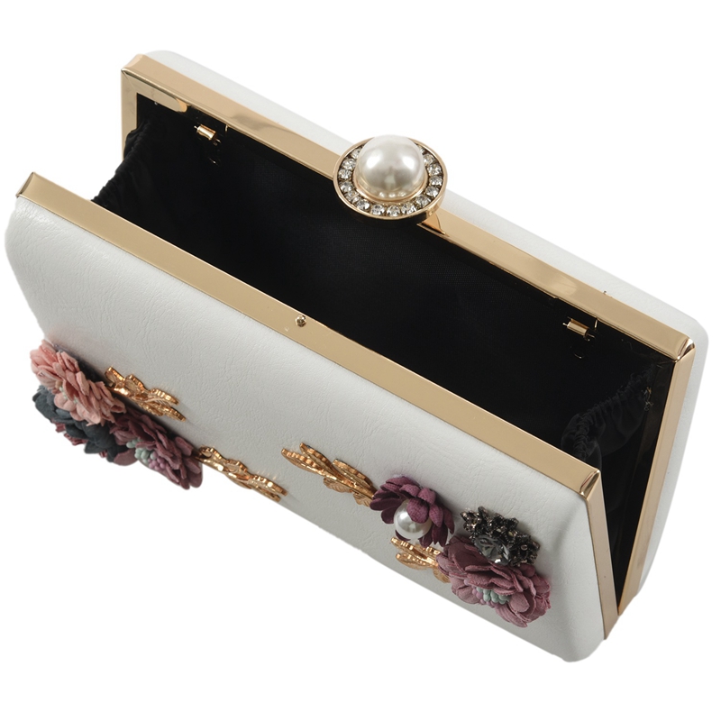 Fashion Women Leather Evening Bag Dinner Party Lady Wedding Flower Clutch Purse(white)