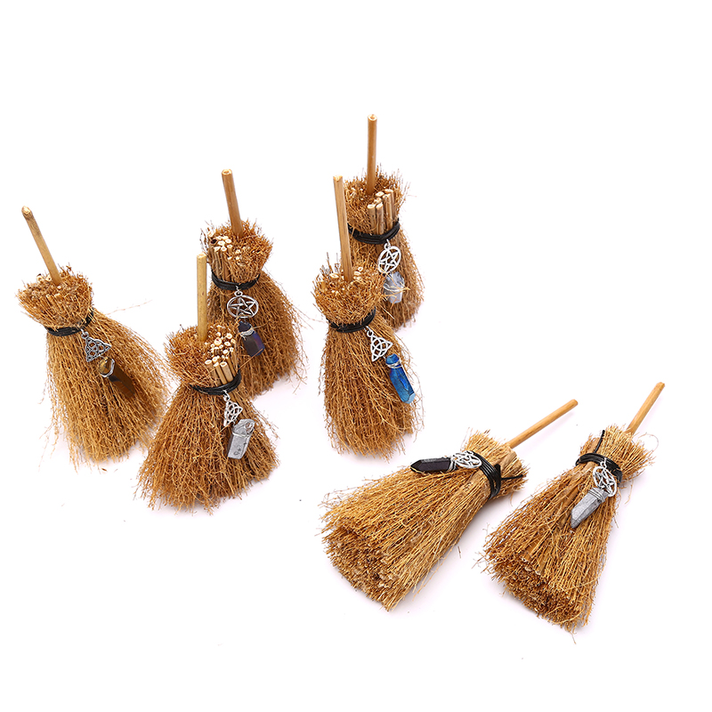 Dust Removal Broom Wicca Celti Pentagram Mini Witch Broom Witchcraft Accessories Raw Crystal Wicca Altar Broom