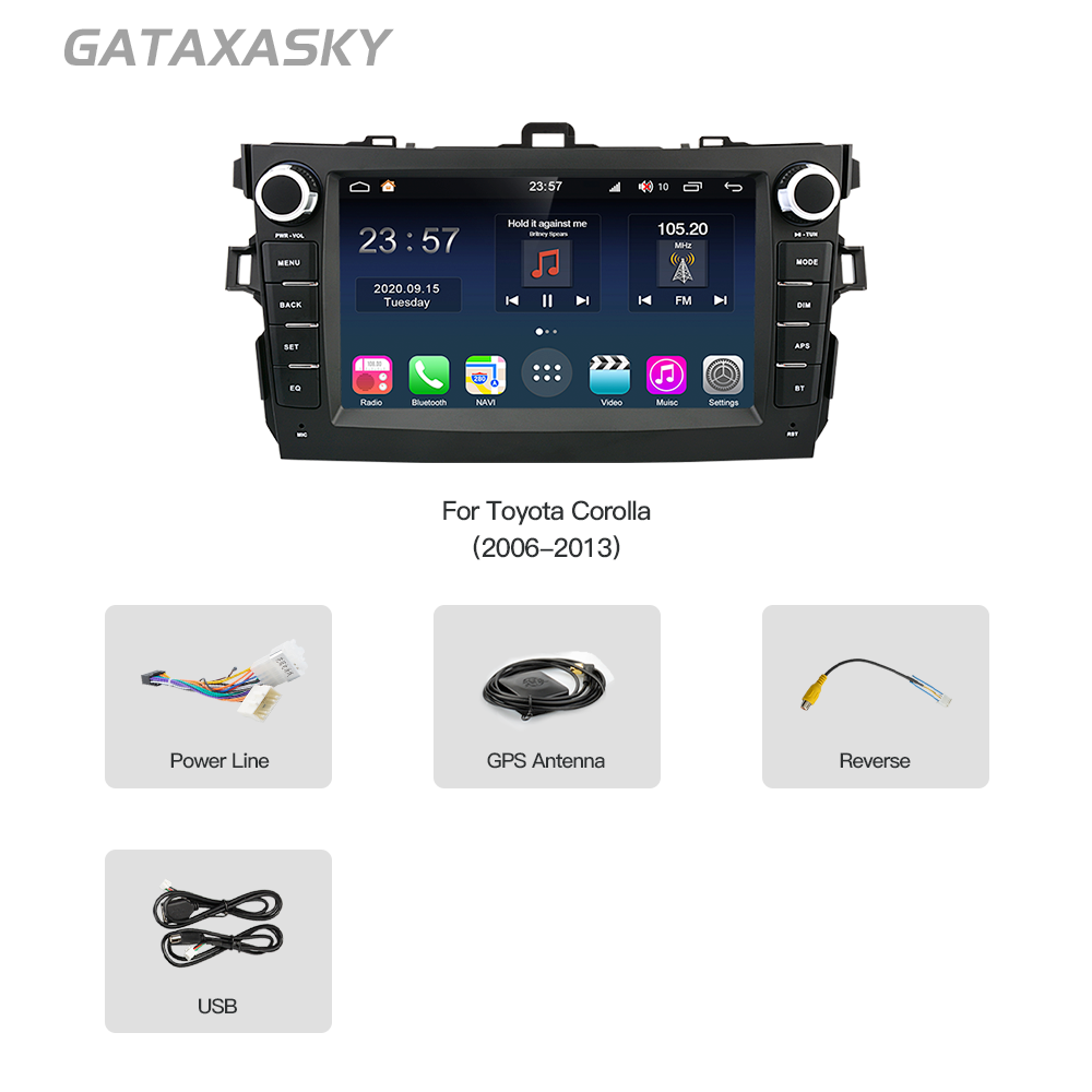 GATAXASKY 8'' Android Car Stereo Radio for Toyota Corolla E140/150 2007 2008 2009 2010 2011 2012 2013 Multimedia Player Speakers