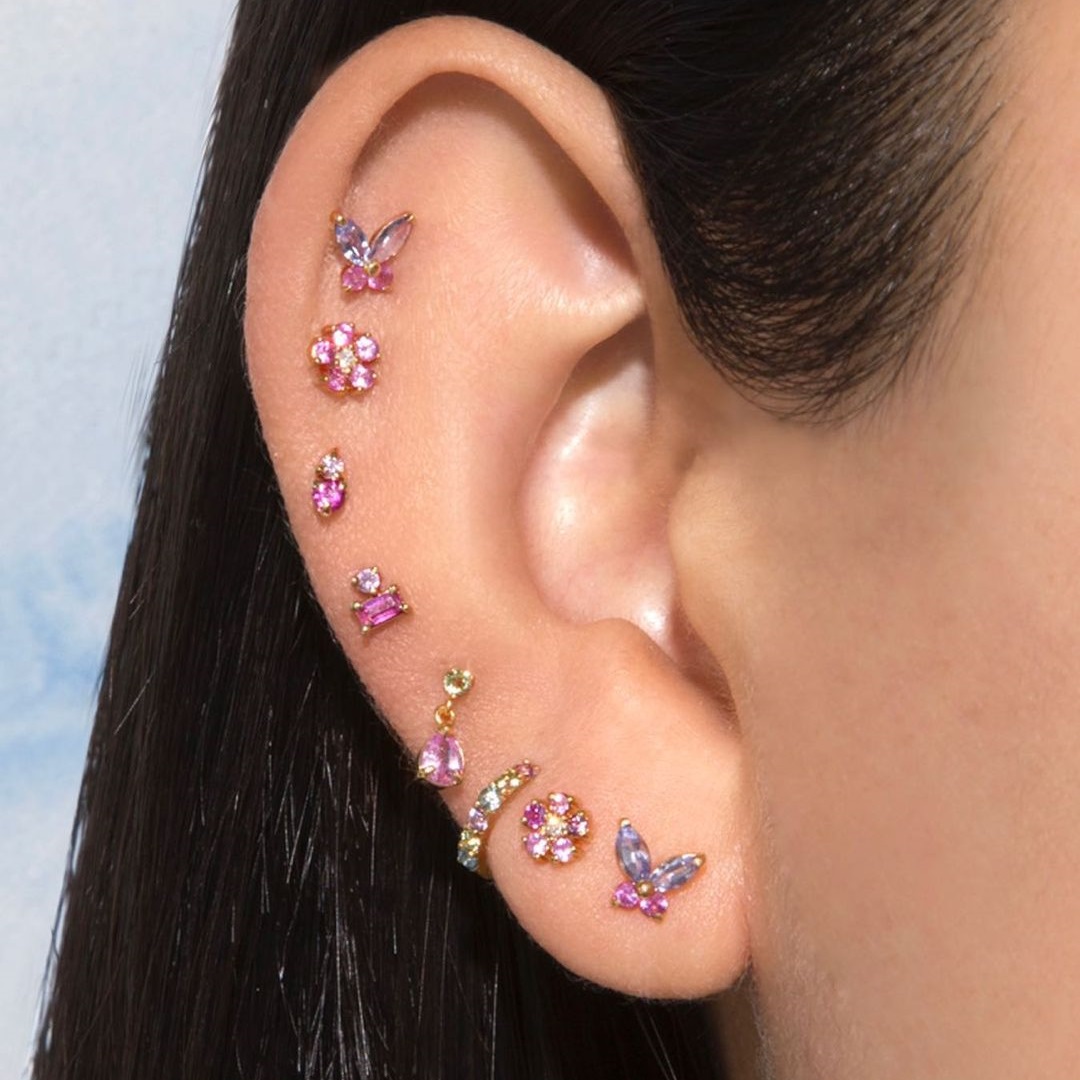 100% 925 Sterling Silver Multi Piercing Earring Minimal Delicate Gold Plated Butterfly Flower Mini Hoop Fine Silver Jewelry