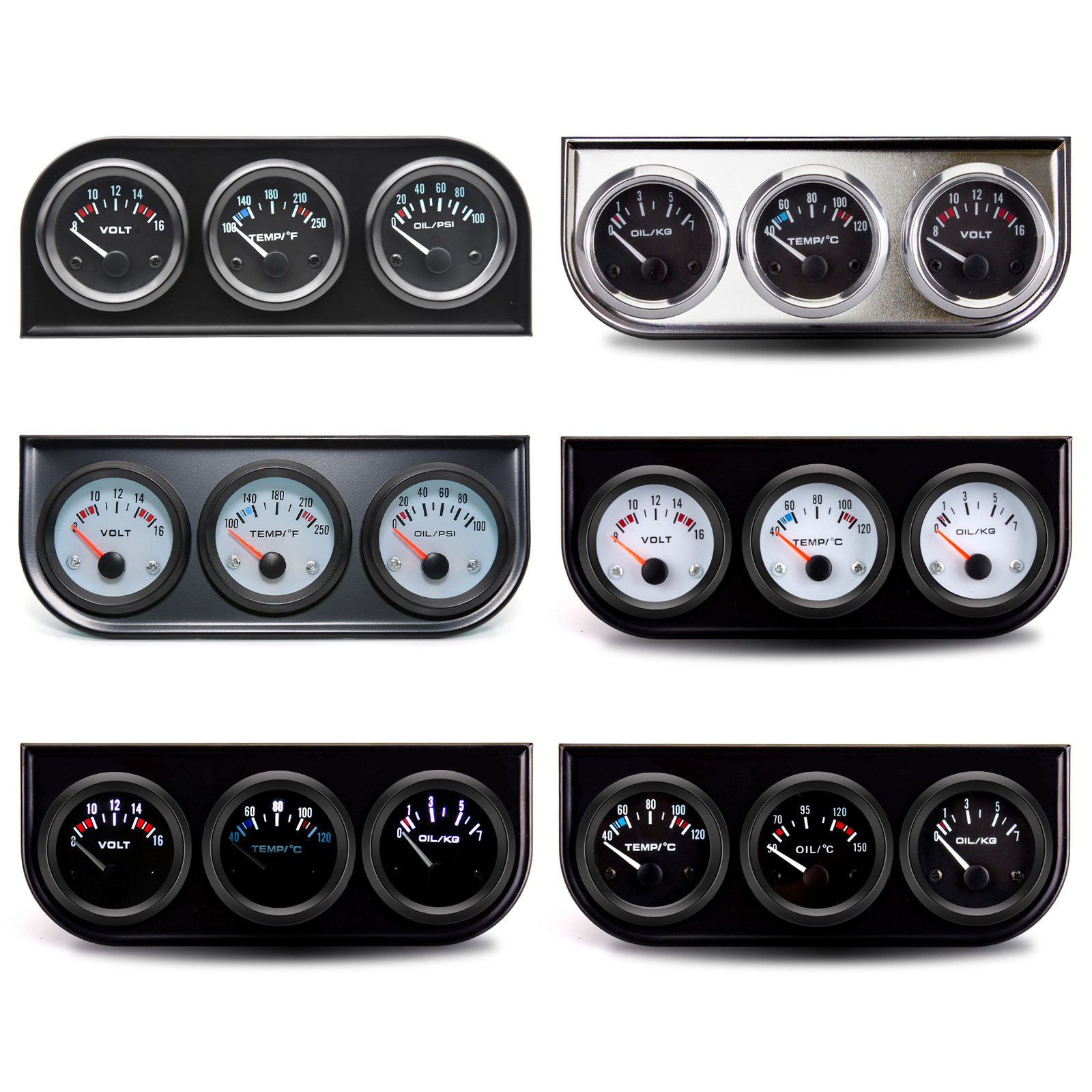 52mm Triple Kit Voltmeter/Oil Temp Gauge + Water Temp Gauge + Oil Pressure Gauge With Sensor 3IN1 Car Meter for Gasoline Car 12V