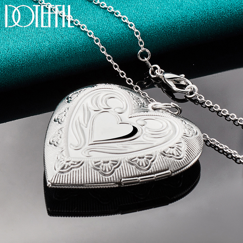 DOTEFFIL 925 Sterling Silver 16-30 Inch Chain Heart Shaped Photo Frame Pendant Necklace For Women Man Wedding Charm Jewelry