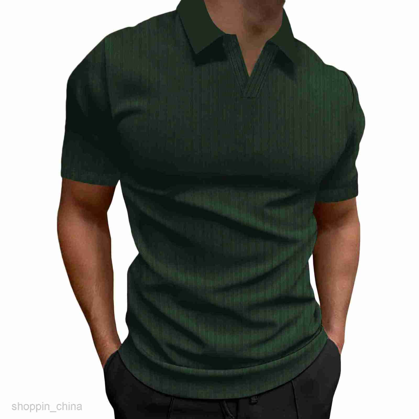 Men Polos Shirts Summer new polo shirt lapel V-neck vertical stripe short sleeve men's T-shirt tops