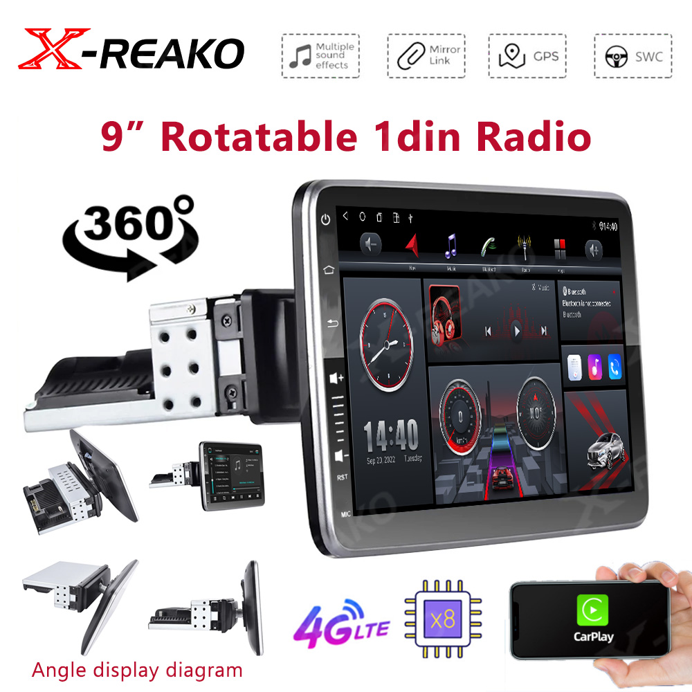 X-REAKO Universal 1 Din GPS Car Stereo Radio 9'' Android 12 Multimedia Player Carplay Android-auto 4G 8Core RDS 360 Rotatable