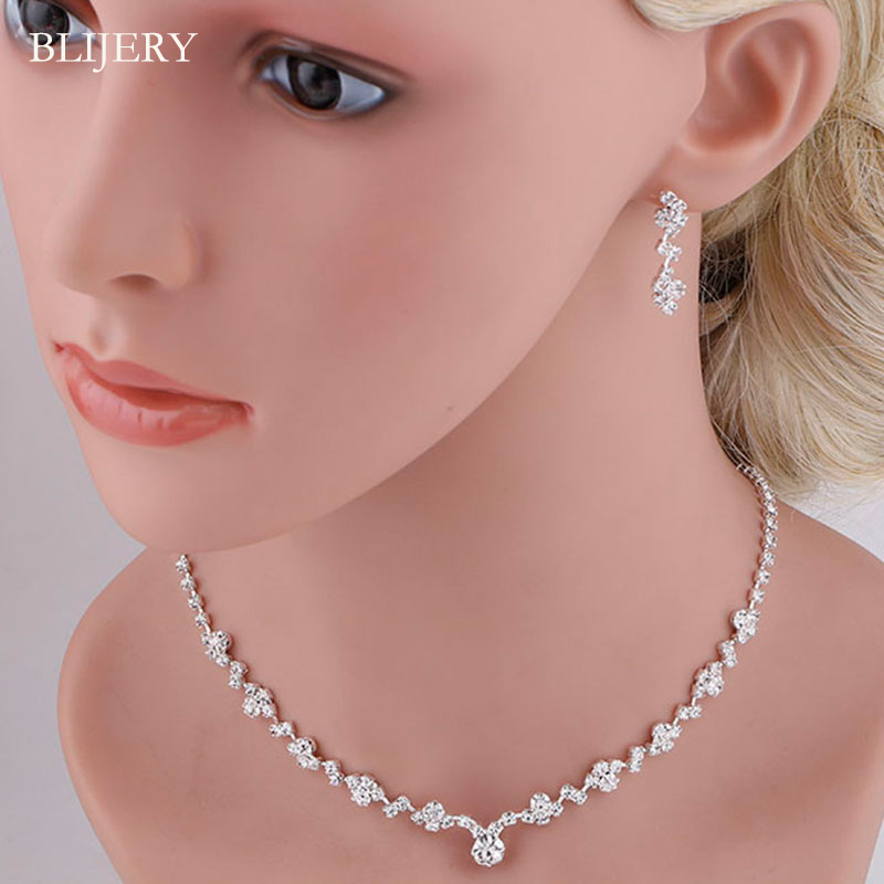 BLIJERY Simple Bridesmaid Bridal Jewelry Set Bling Rhinestone Crystal Choker Necklace Earrings Women African Wedding Jewelry Set
