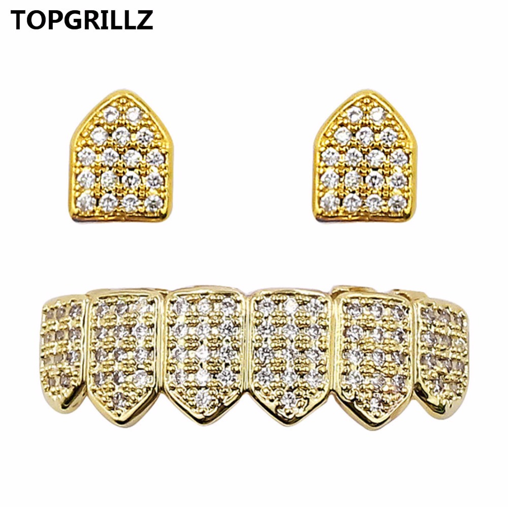 TOPGRILLZ Hip Hop Jewelry New Cuatom Fit Gold/Silver Color All Iced Out Copper Micro Pave CZ Stone Top&Bottom Teeth Grills Gifts