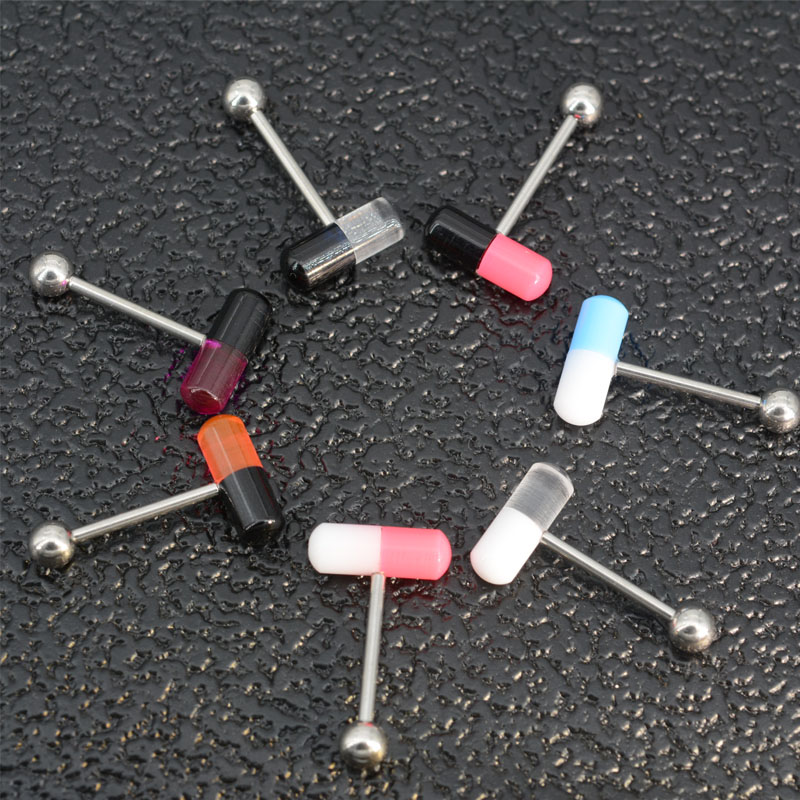 1-7Pcs 14G Acrylic Pill Tongue Piercing Jewelry Women Surgical Steel Tongue Ring Bars Barbell Colorful Capsule Tongue Rings
