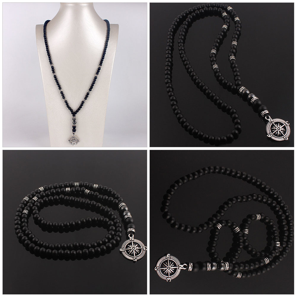 Halloween Compass Necklace Man for Men Mens Beaded Necklaces Frosted Stone Pendant