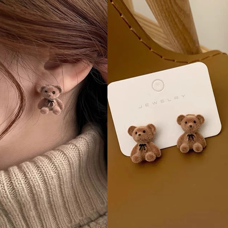 3D Flocking Bears Stud Earrings Necklaces Set Brown Khaki Bear Pendant Necklace Women Girls Ear Studs Earring Jewelry Gifts