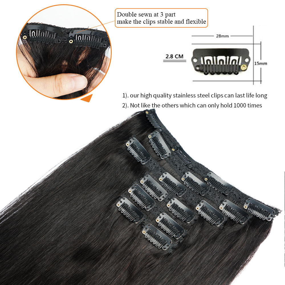 Doreen European Clip in Hair Extensions Real Natural Hairpiece Clip On 100% Human Hair Clip in Full Head Set 120G 160G 14 to 22