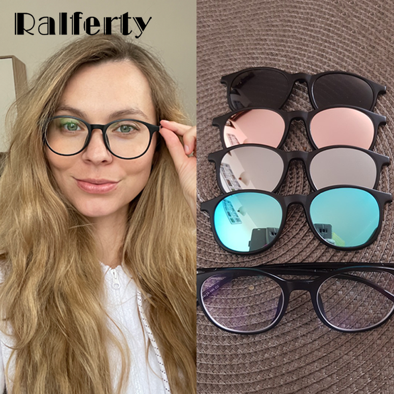 Ralferty Magnet Sunglasses Women Polarized 6 In 1 Eyeglass Frame With Clip On Glasses Men Round UV400 TR90 3D Yellow Oculo A2245
