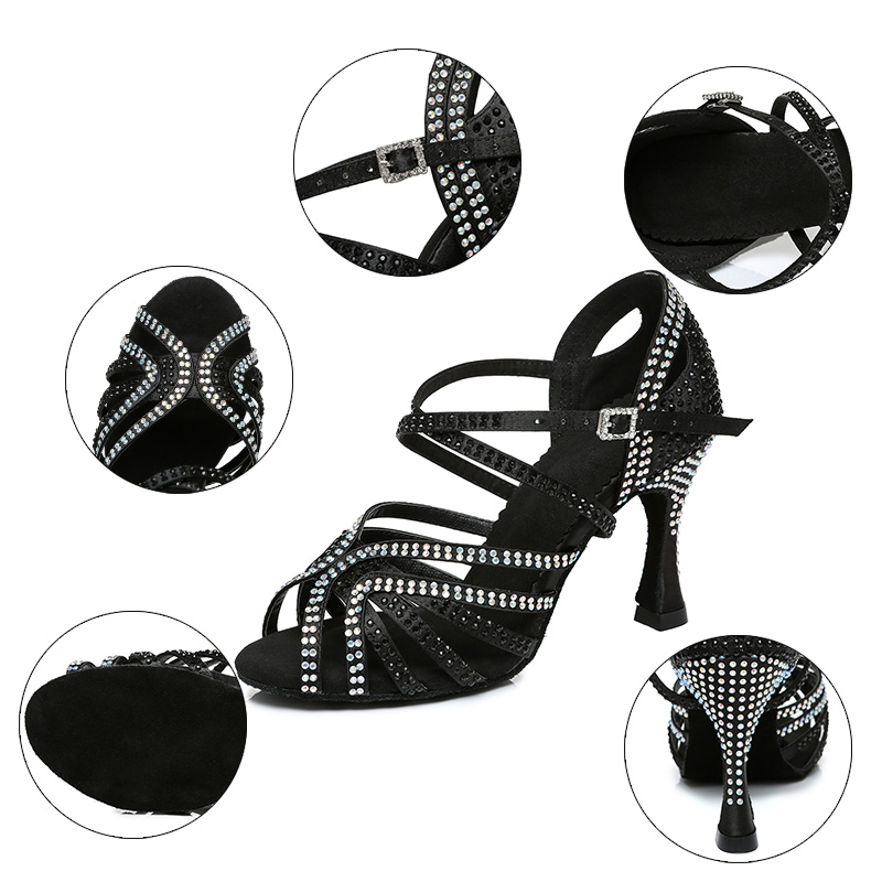 DKZSYIM Rhinestone Latin Dance Shoes Women Professional Perform Tango/Salsa Dance Shoes Satin Soft Soles Party Dance Sandals