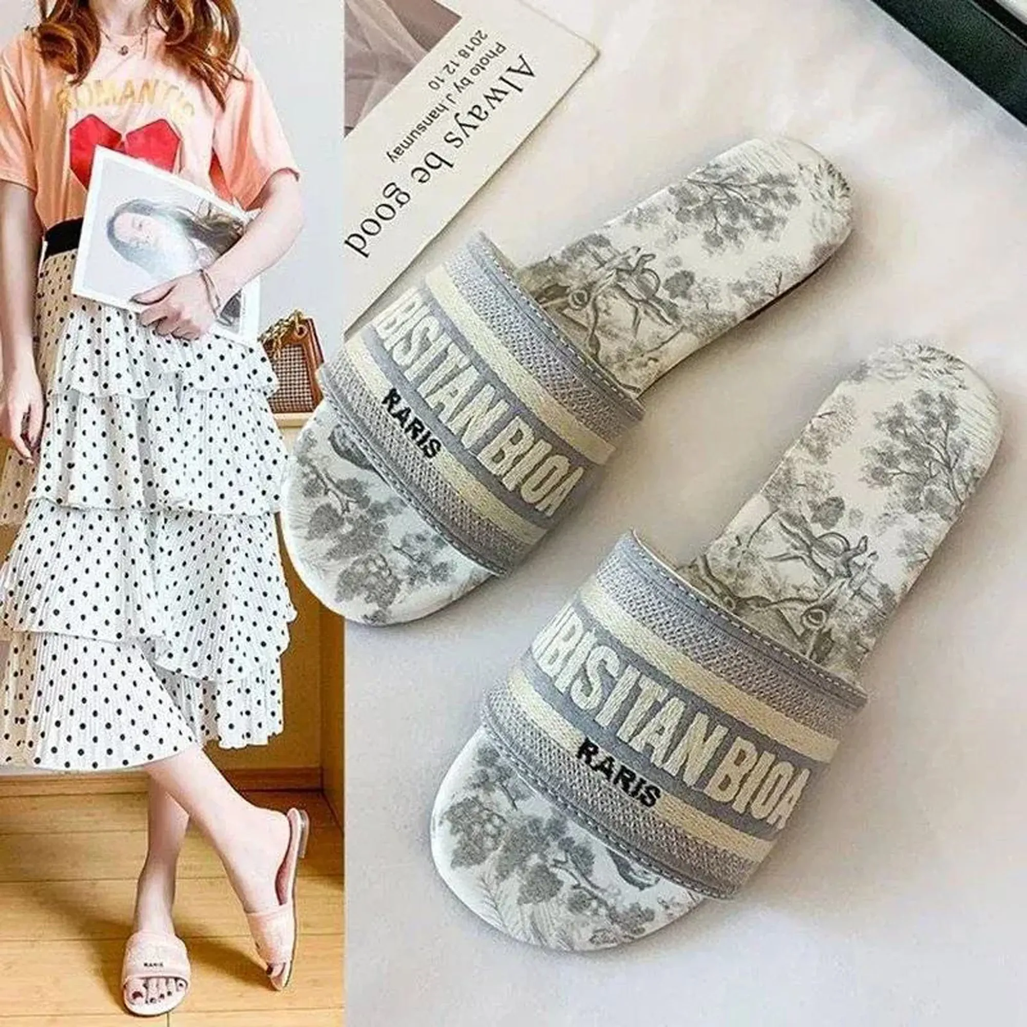 Designer Women Slides Embroidered Sandals Summer Travel Beach Striped Flat Slipper Ladies Flip Flops Mule Pattern Strap Sandal Slide 250506