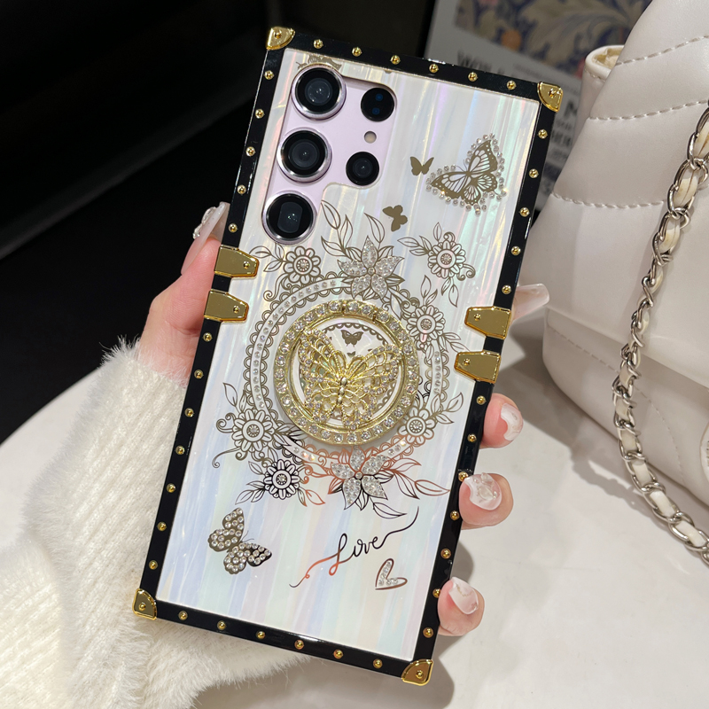 Glitter Butterfly Foldable Stand Kickstand Aurora Bling Square Phone Case For Samsung S24 FE S23 Ultra S22 S21 A05 A05S A15 A35 A55 A14 A34 A54 A13 A3