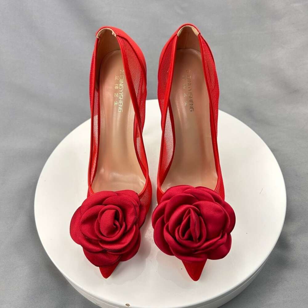 Red Flowers Lace Female Shoes 10Cm Pointy Toe Stiletto High Heel Ladies Dress Women Pumps Plus Size 33-45 68
