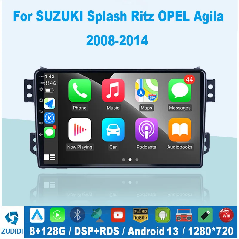 8G 128G 2DIN Android 13 Car Auto Radio For Opel Agila Suzuki Splash Ritz 2008-2014 Multimedia Player Head unit Carplay+Auto WIFI