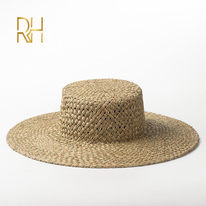 summer Autumn hand made seagrass flat boater straw hats women outdoor beach sunshade ladies nature salt grass flat Top hats RH