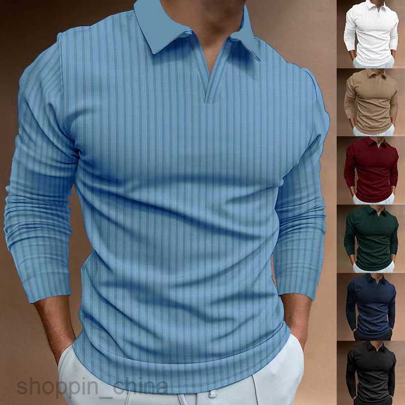 Men's T Shirts autumn sports fitness leisure stand up collar elastic vertical strip long sleeved V-neck POLO tees tops