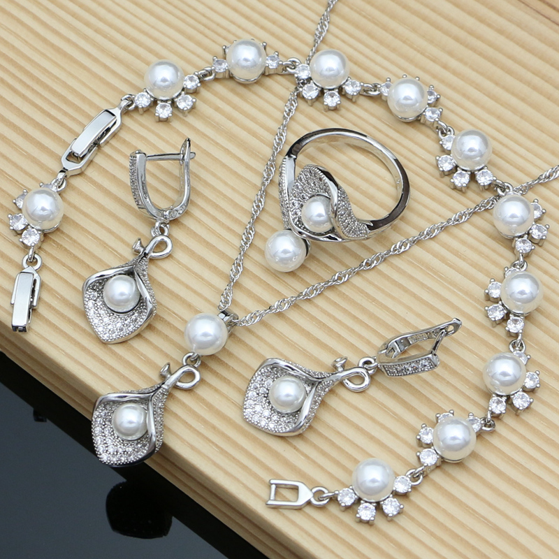 bride Silver 925 Jewelry Set Freshwater Pearls Bracelet Earring Ring Necklace Best Gift for Women/Mom/Wife/Sister/Best Friend
