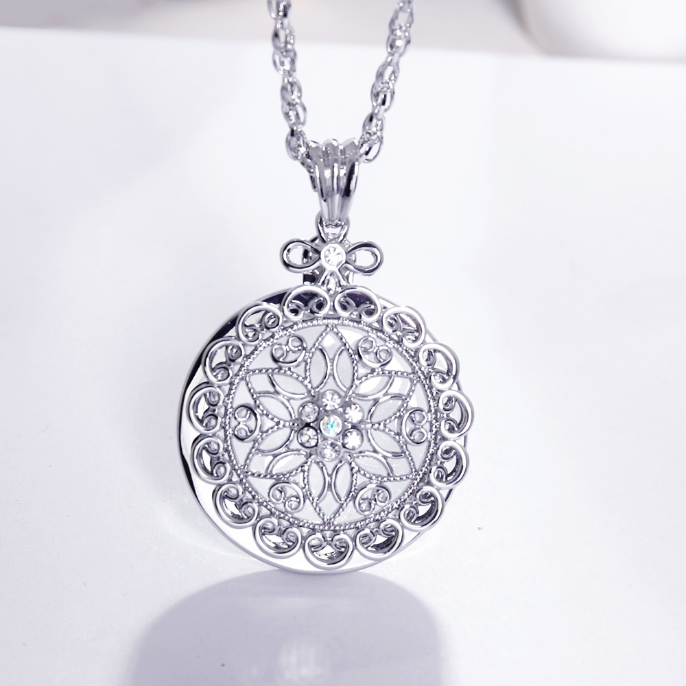 DreamCarnival 1989 Long Chain Necklace Romantic Crystal Rose Flower Pendant Rhodium Gold Color Gift for Parents Mum Reading Len