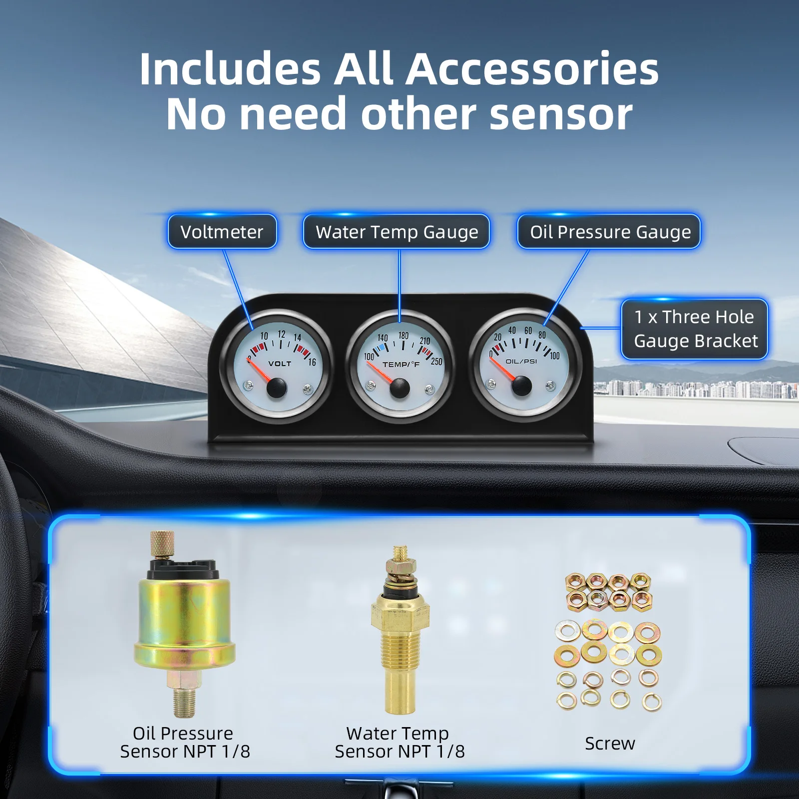 3IN1 52mm Voltmeter+Oil Pressure Gauge+Water Temp Gauge with Sensor Joint Adaptor Sensor 26-40mm Car Meter Triple Gauge Kits 12V