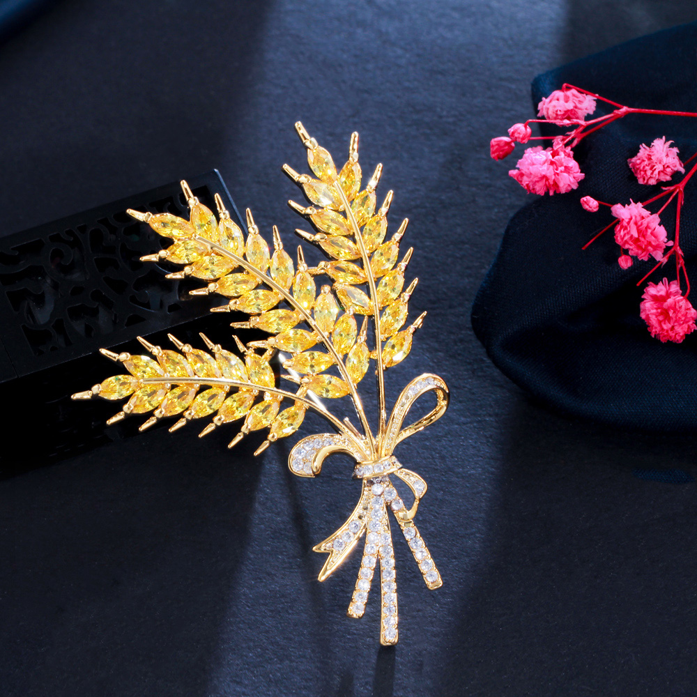 CWWZircons Shiny Yellow Cubic Zirconia Designer Luxury Big Wheat Brooch Pin for Women Jewelry Accessories Gift BH018