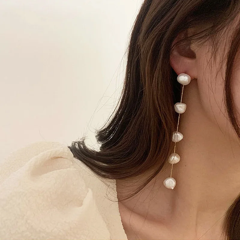 Minar Elegant Irregular Freshwater Pearl Earring for Women Gold Color Chain Thread Long Tassel Dangle Earrings Wedding Jewelry