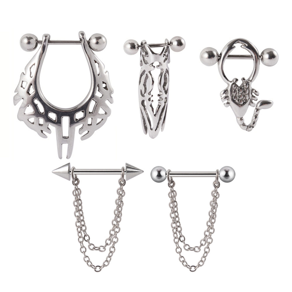 2Pc Surgical Steel Lobster Crab Nipple Barbell Piercing Zen Chain Dangling Nipple Shield Tongue Bar Body Jewelry 14gX6mm