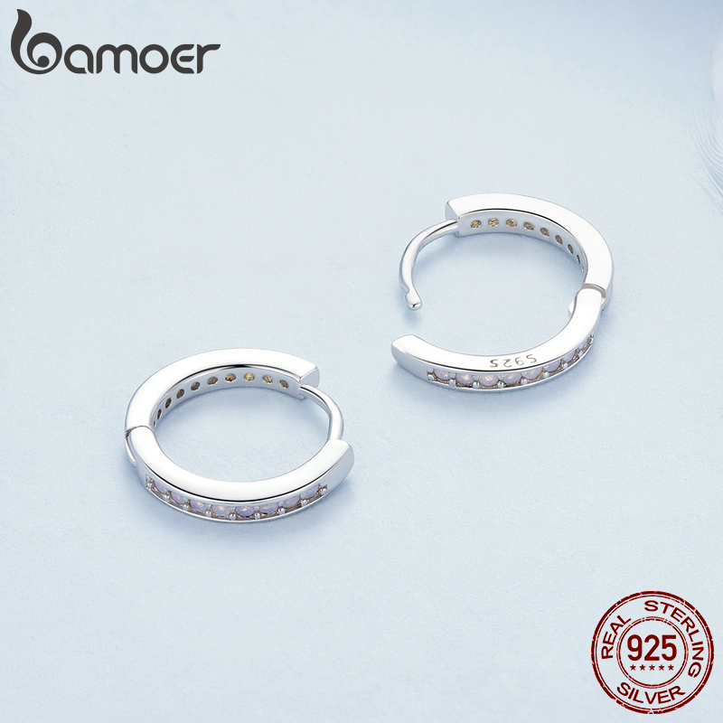 Bamoer 925 Sterling Silver Pink Opal Ear Buckles Classic Round Hoop Earrings for Women Girls Original Design Fine Jewelry