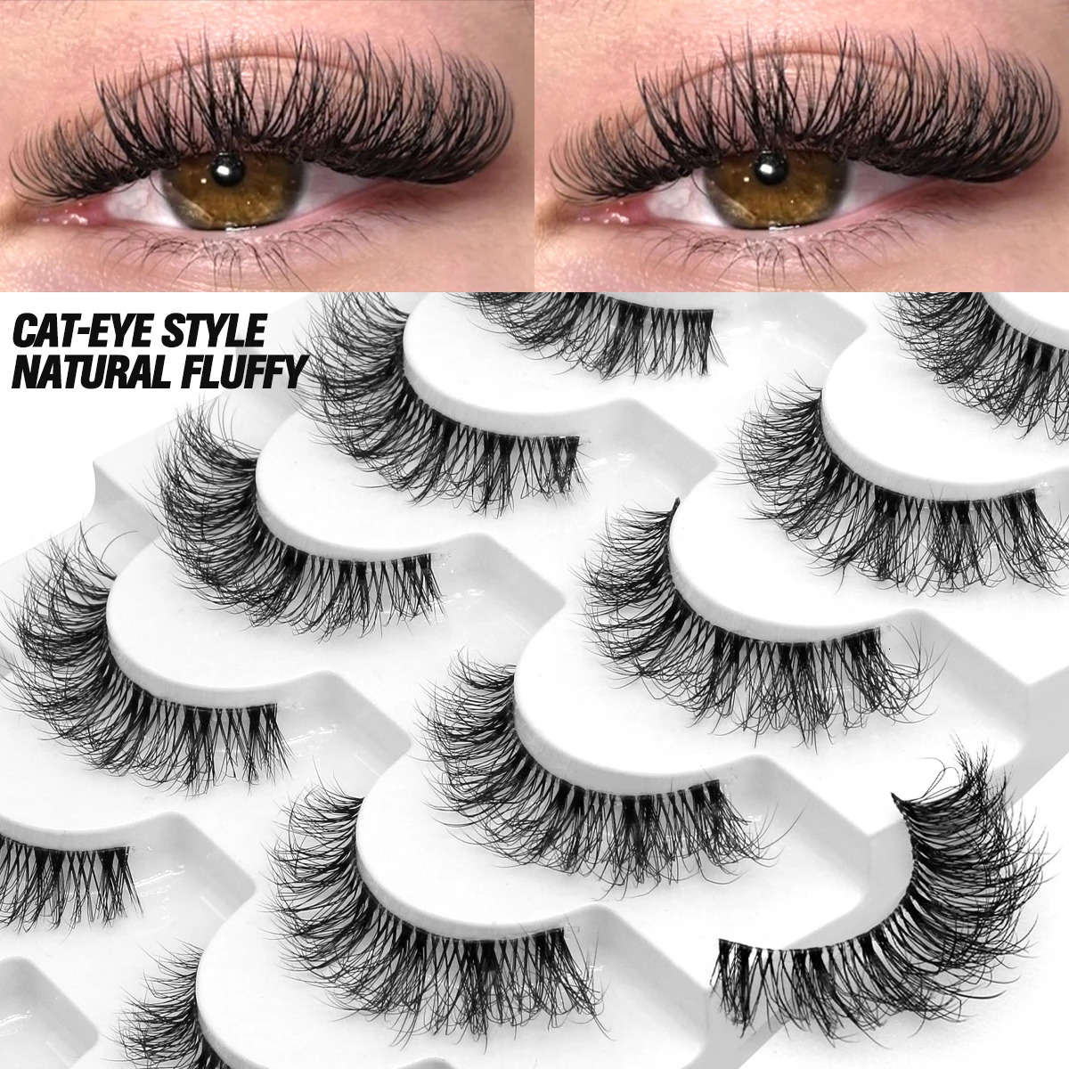 GROINNEYA Fluffy False Eyelashes 5/7 Pairs Natural Cat Eye Lashes Transparent stem Faux mink Lashes Thick Soft Curly Lashes 240624