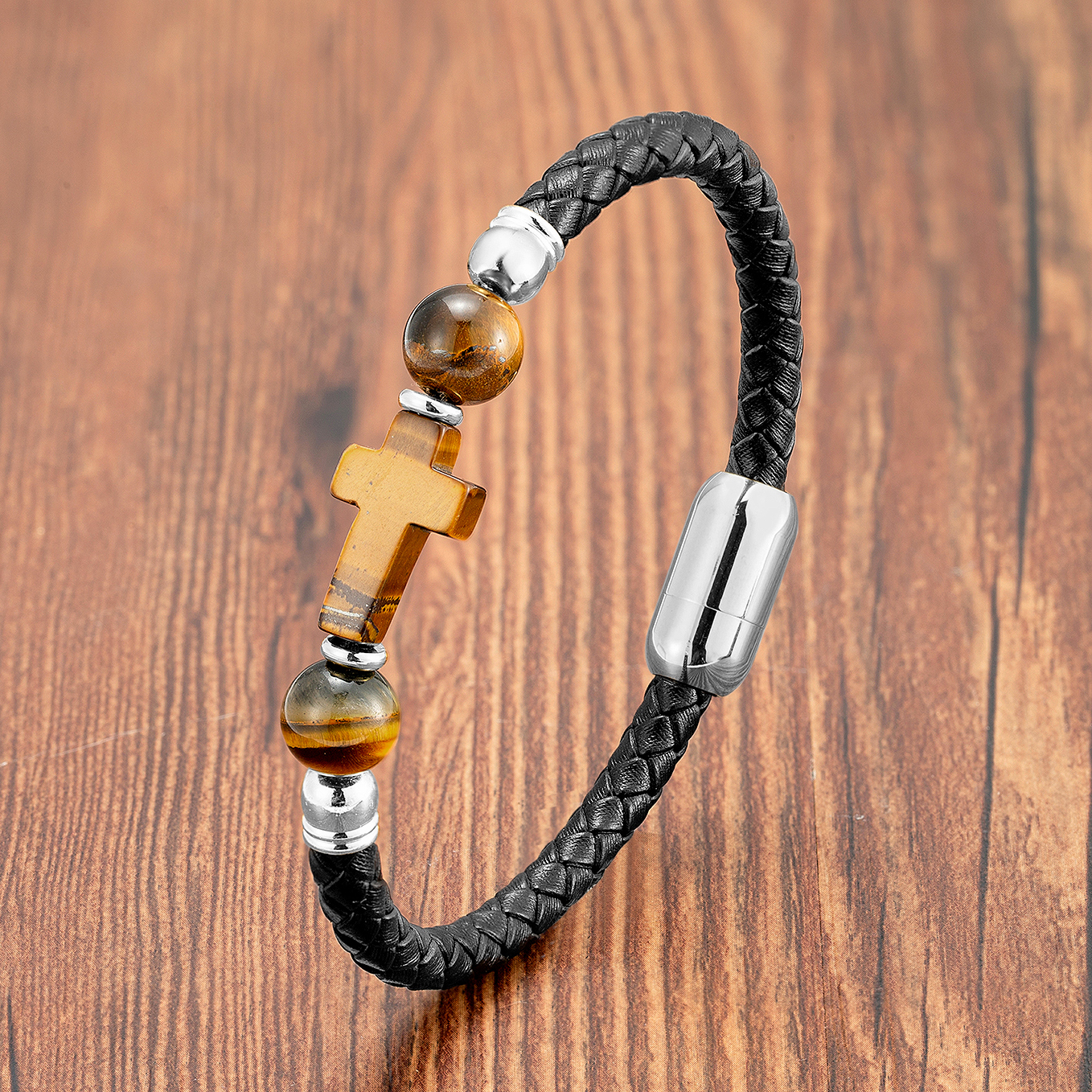 Natural Round Tiger Eye Stone Men Women Cross Charm Bracelet Weave Genuine Leather Handmade Bracelet Trendy Jewelry Wholesale
