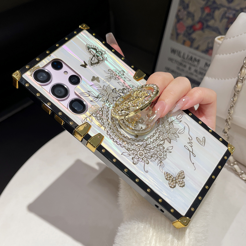Glitter Butterfly Foldable Stand Kickstand Aurora Bling Square Phone Case For Samsung S24 FE S23 Ultra S22 S21 A05 A05S A15 A35 A55 A14 A34 A54 A13 A3