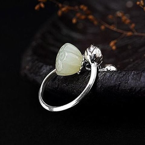 S925 Sterling Silver Jade Bell Ring Female Artistic Simple and Fresh Hotian Jade Pendant Silver Ring with Opening