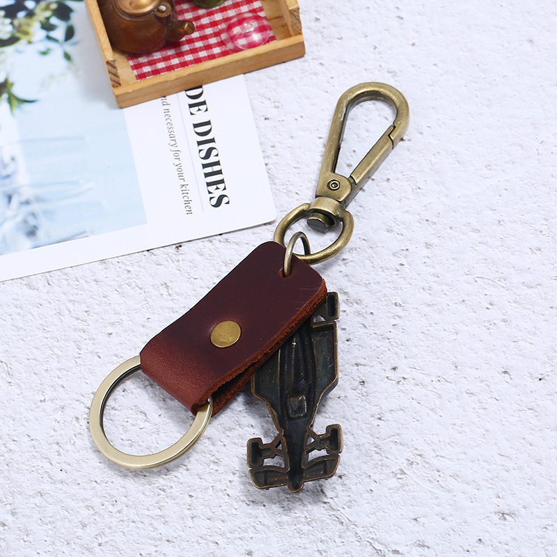 Vintage Genuine Cowhide Keychain - Alloy Racing Style Key Ring for Men, Perfect Small Gift/Party Favor