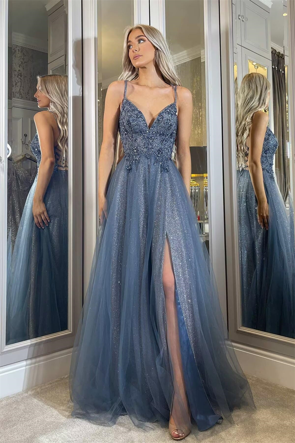 Long Prom Dresses Sequins Beading Deep V-Neck Backless Lace-up Split Tulle A-Line Plus Size Formal Occasion Evening Party Gown Pd22