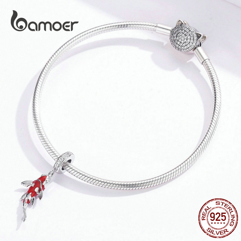 Bamoer 925 Sterling Silver Red Enamel Fish Pendant Lucky Koi Dangle Charm Fit Women Bracelet Necklace DIY Fine Jewelry BSC085