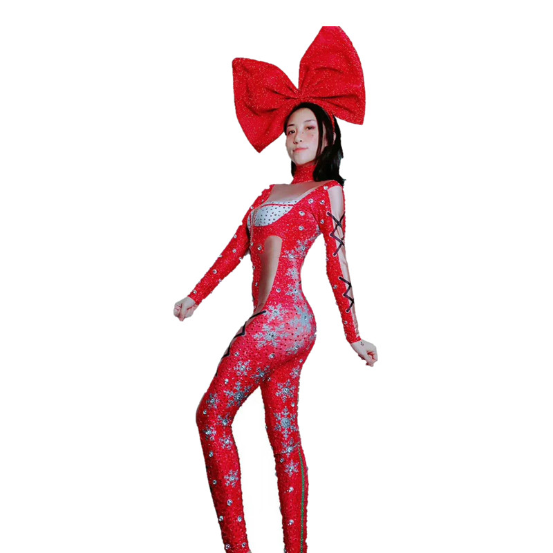 Christmas Party Stage Costumes Women Rhinestones Jumpsuit Stretch Rompers Performance Cosplay Outfit Singer Dancer Bodysuits