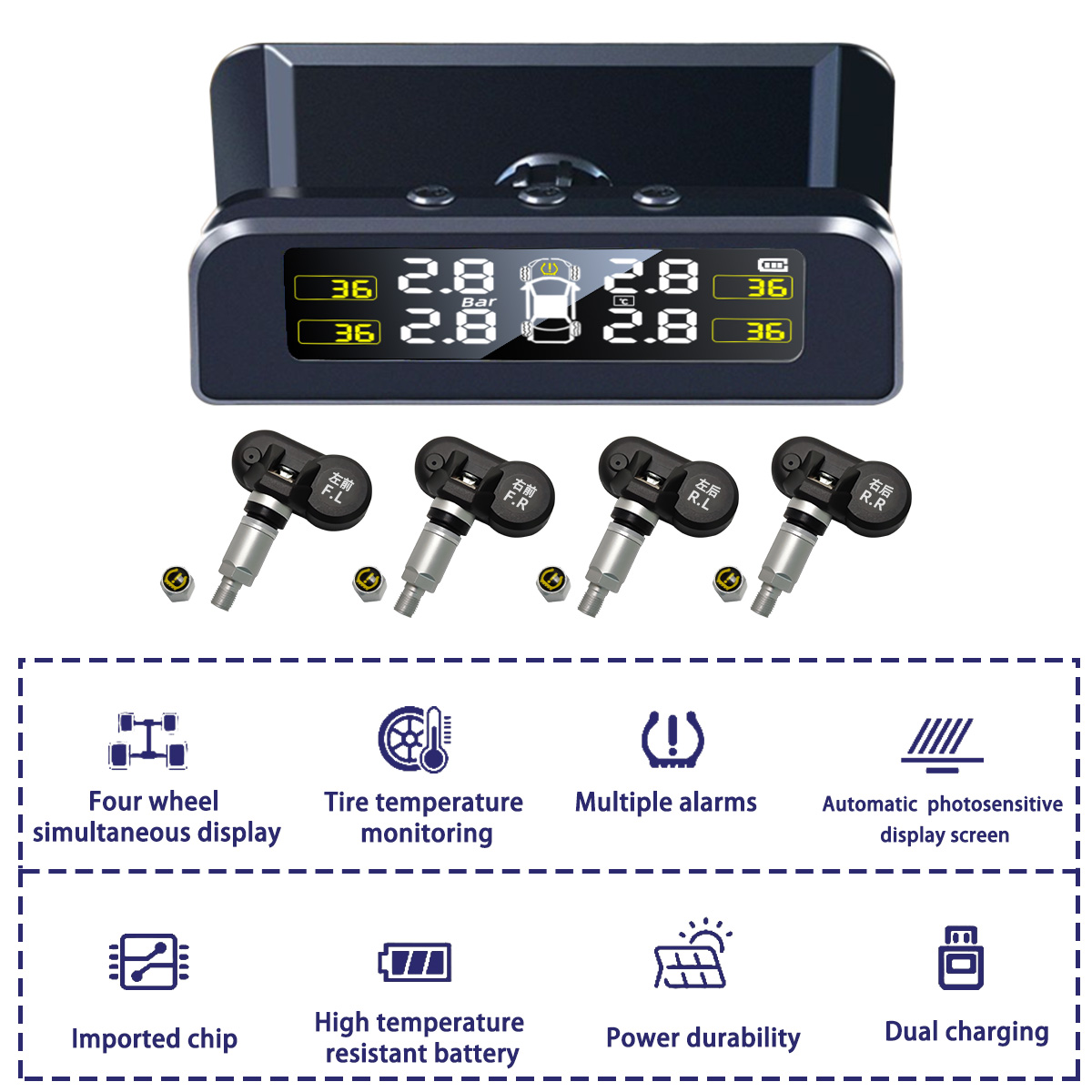 TPMS Tire Pressure Monitoring System Solar Internal External Sensors Real-time Display Temperature Pressure for Car SUV MPV