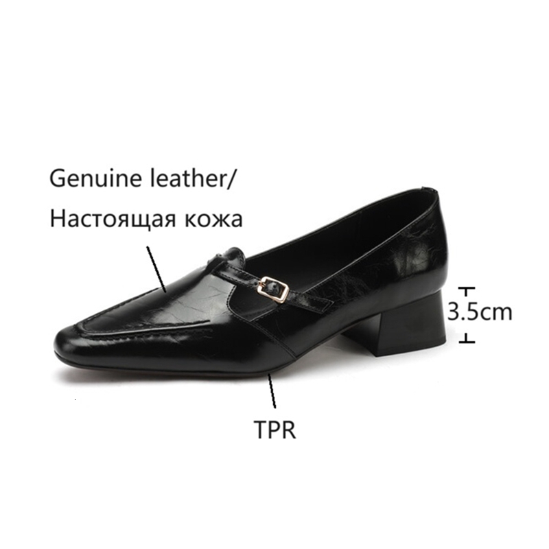 NEW Spring/Autumn Loafers Genuine Leather For Square Toe Chunky Shoes Concise Buckle Low Heel Women Pumps
