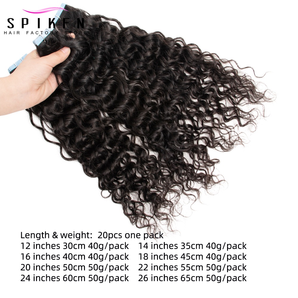 SPIKFN Tape Human Hair Extensions Water Wave 12-24 inches PU Skin Weft Tape in Water Curly Tape in Hair Extensions 20pcs
