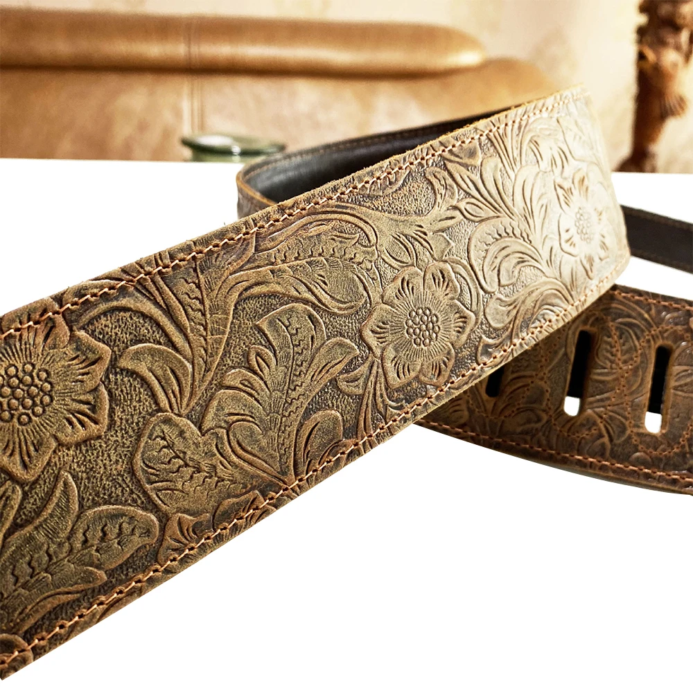 Master Handmade Cowhide Leather Soft Guitar Strap Brown Embossed Retro Folk Acoustic Guitar Electric Bass Belt Music Accessories