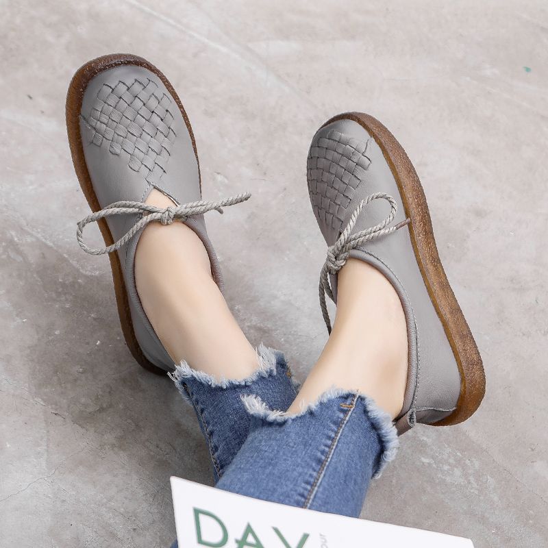 Luxury Genuine Leather Lace Up Flats Women Black Woven Braided Loafers Designer Women's Moccasins Braid Shoes Ladies Fancy Flats