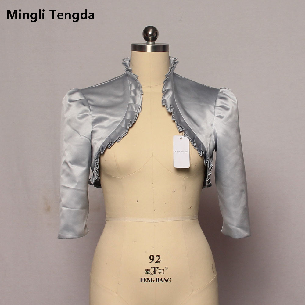 Mingli Tengda Silver Stain Wedding Jacket Bridal Bolero Womem Coat Cape Shrug Stole Ruffled Wrinkles 3/4 Sleeves Real Picture